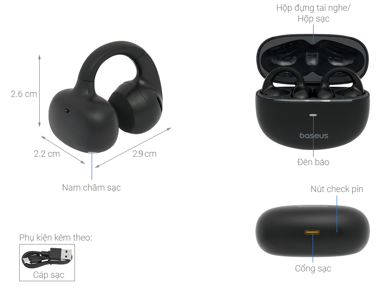 Tai nghe Bluetooth Open-Ear OWS Baseus Bowie MC1