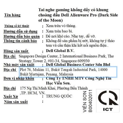 Tai nghe chụp tai Gaming Dell Alienware Pro Dark Màu Đen