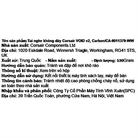 Tai nghe Bluetooth Chụp Tai Corsair VOID V2 Carbon/CA-9011379-WW Màu Đen