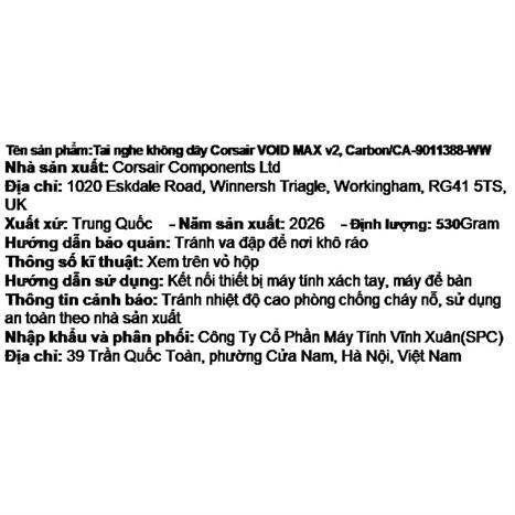 Tai nghe Bluetooth Chụp Tai Corsair VOID MAX V2 Carbon/CA-9011388-WW Màu Đen