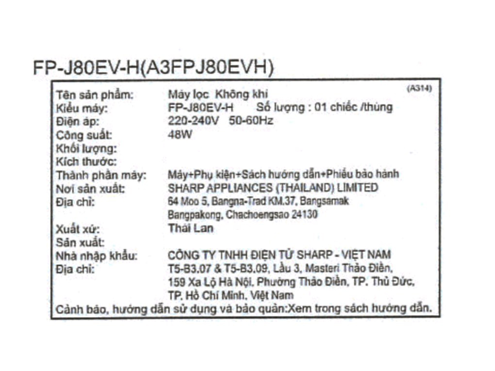 Máy lọc không khí Sharp FP-J80EV-H 48W Màu Đen