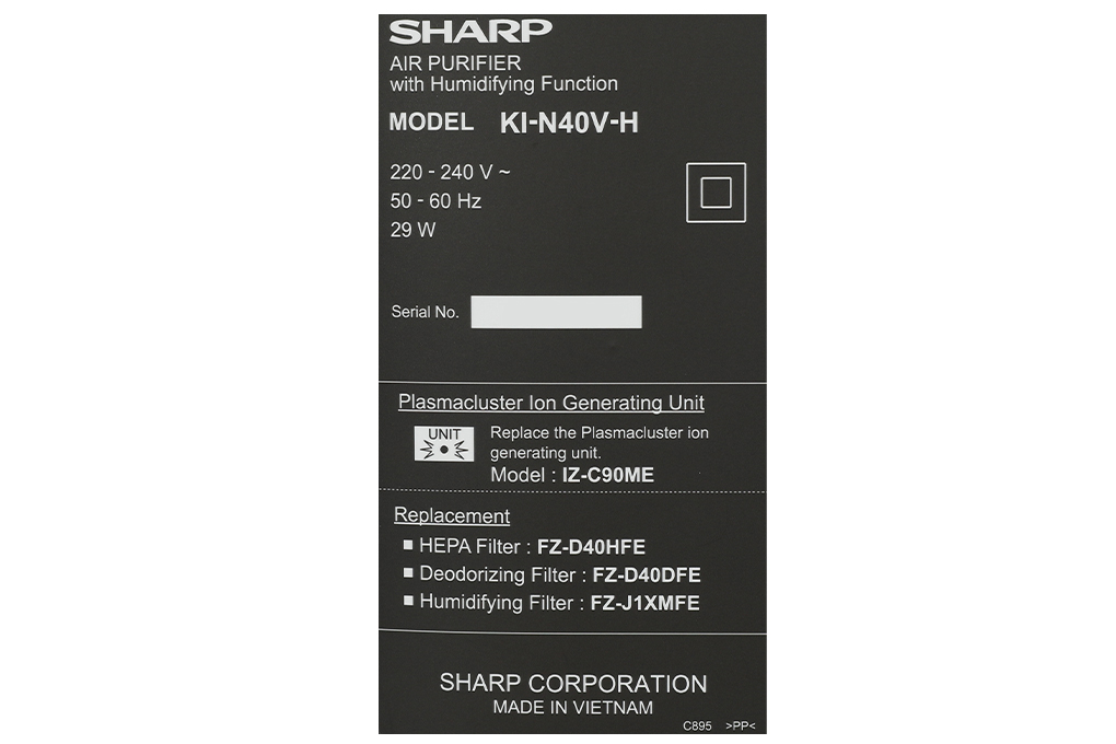 Máy lọc không khí tạo ẩm Sharp KI-N40V-H 29W Màu Đen