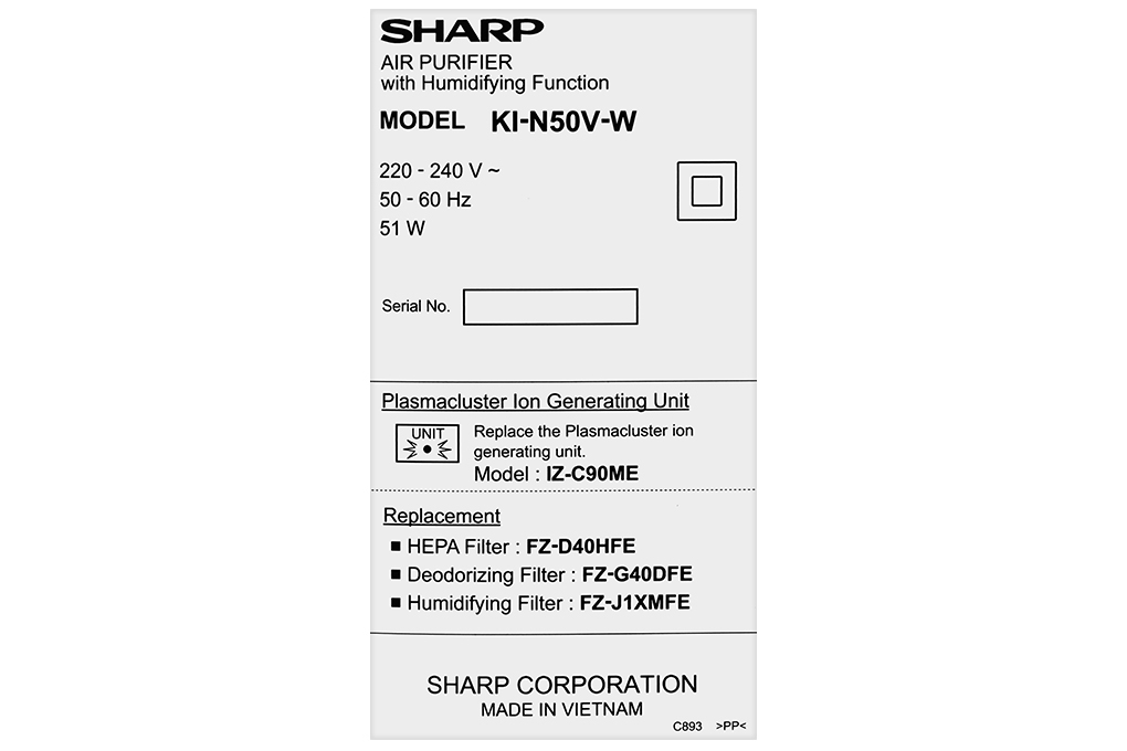 Máy lọc không khí tạo ẩm Sharp KI-N50V-W 51W Màu Trắng
