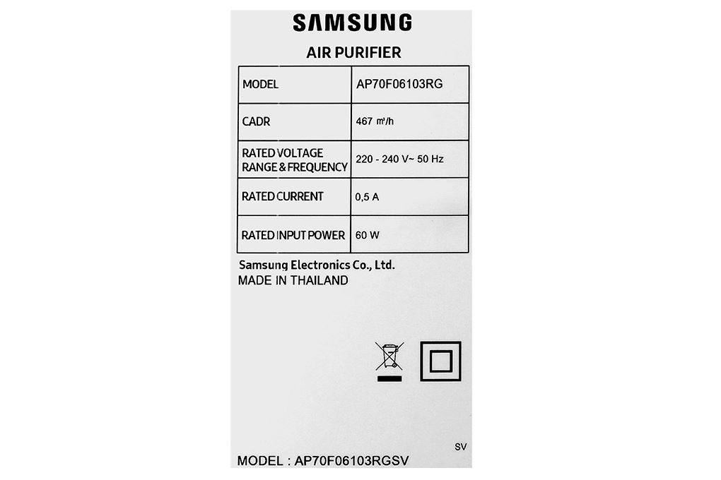 Máy lọc không khí Samsung AP70F06103RGSV 60W Màu Xám