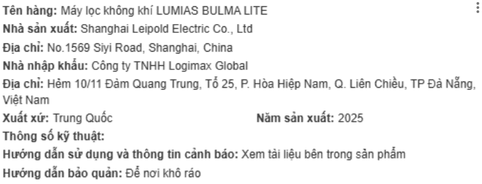 Máy lọc không khí LUMIAS BULMA LITE 50W Màu Đen - Bạc