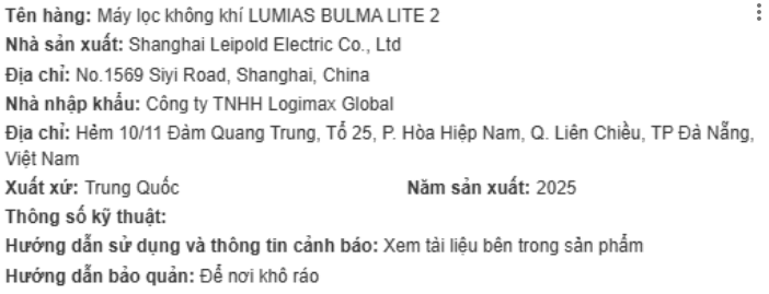 Máy lọc không khí LUMIAS BULMA LITE 2 50W Màu Đen - Bạc