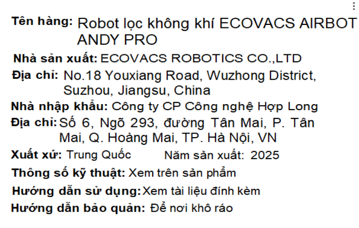 Máy lọc không khí ECOVACS AIRBOT ANDY PRO 70W Màu Trắng