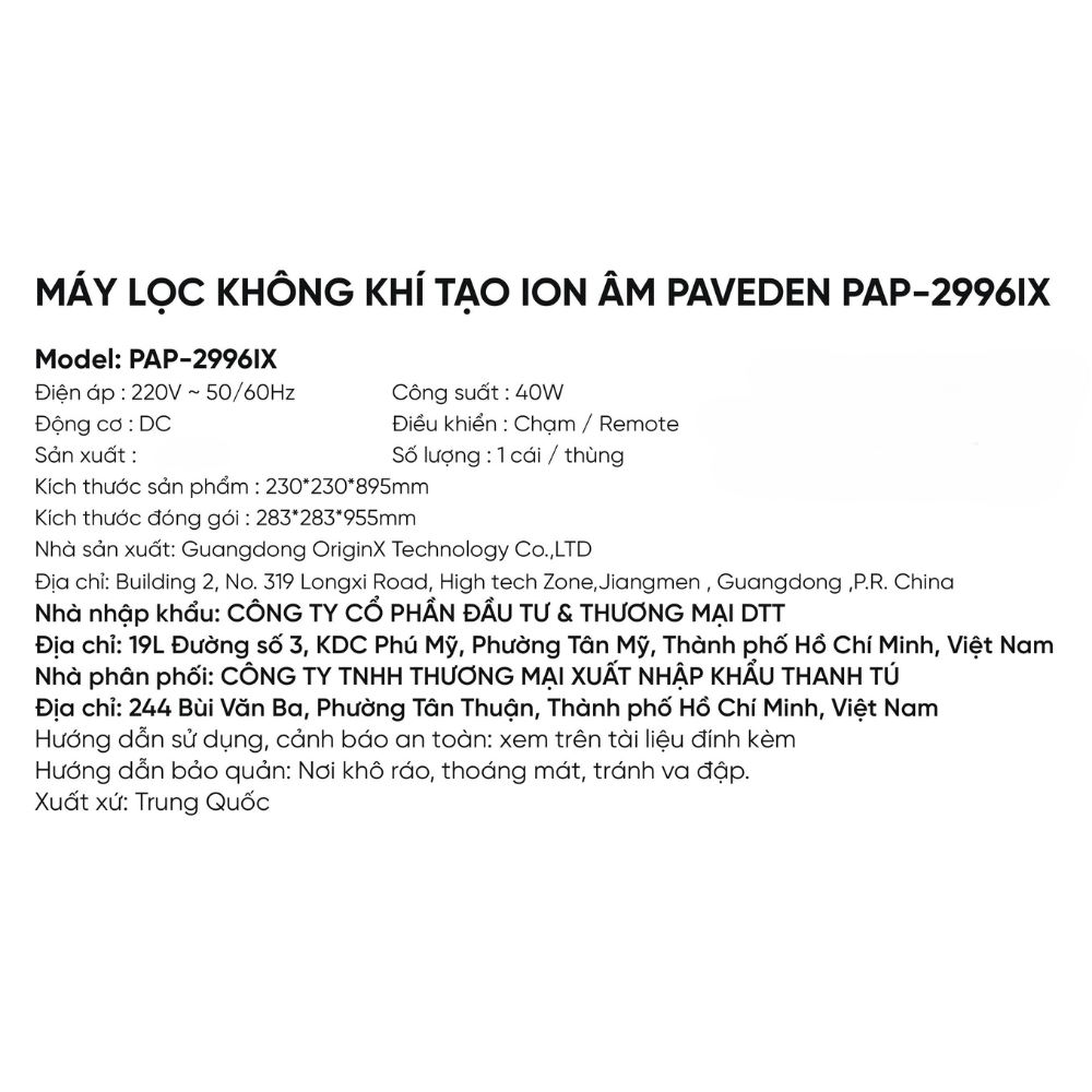 Máy lọc không khí Paveden PAP-2996IX 40W Màu Trắng
