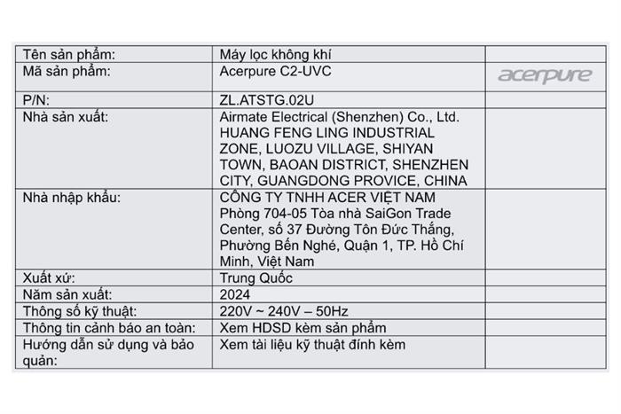 Máy lọc không khí Acerpure C2-UVC AC553-50W 65W Màu Trắng