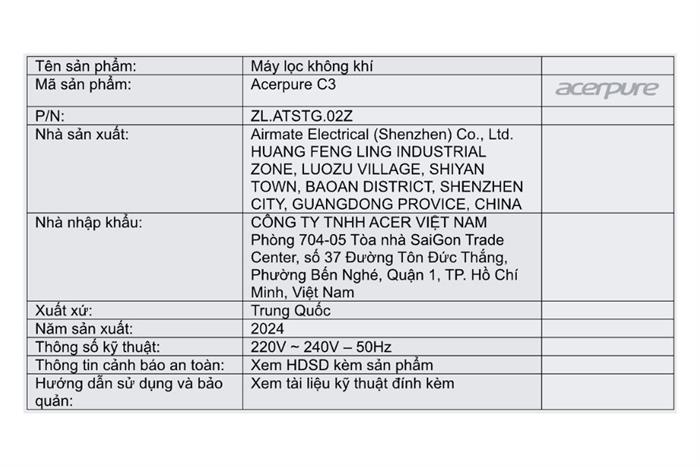 Máy lọc không khí Acerpure C3 3in1 AC333-10W 27W Màu Trắng