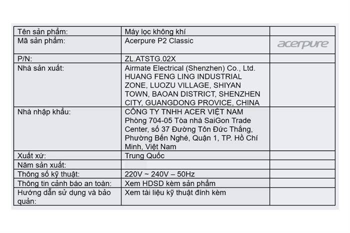 Máy lọc không khí Acerpure Pro P2 Classic AP352-10W 33W Màu Trắng