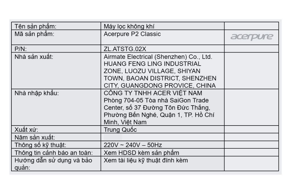 Máy lọc không khí Acerpure Pro P2 Classic AP352-10W 33W Màu Trắng