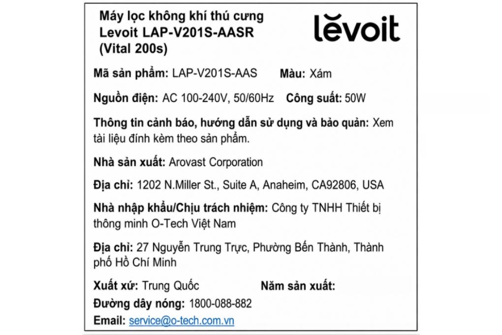 Máy lọc không khí Levoit Vital 200s LAP-V201S-AASR 50W Màu Trắng