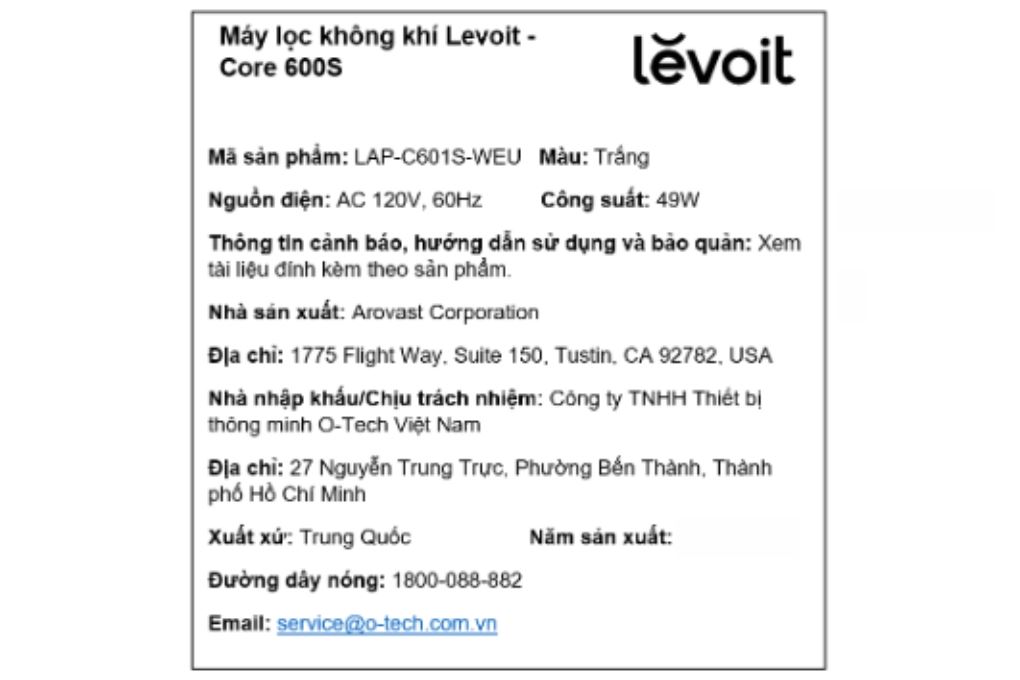 Máy lọc không khí Levoit Core 600s (LAP-C601S-WEU) 61W Màu Trắng