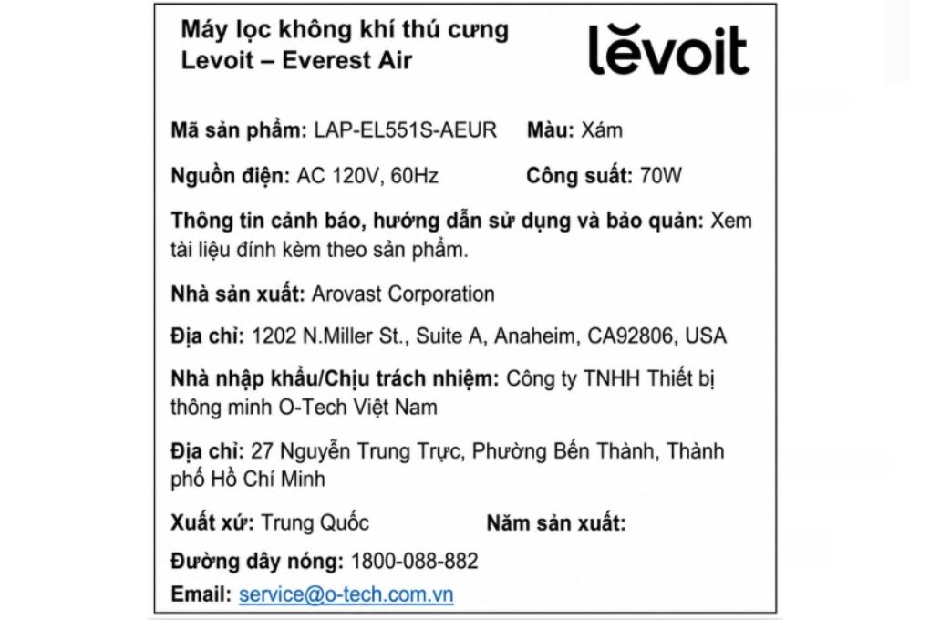 Máy lọc không khí Levoit Everest Air (LAP-EL551S-AEUR) 70W Màu Trắng