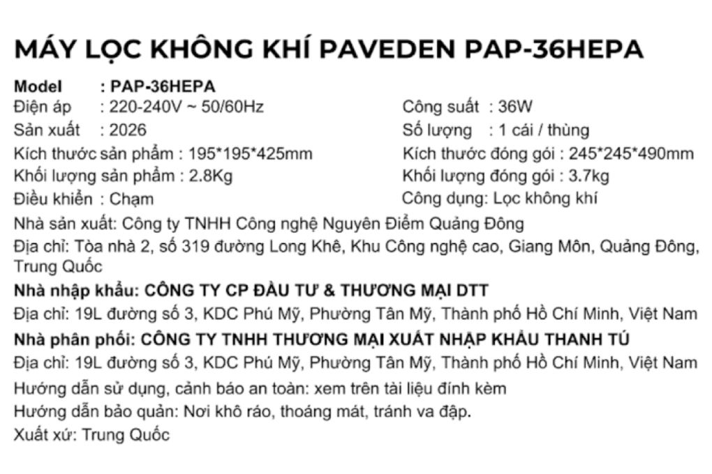 Máy lọc không khí PAVEDEN PAP-36HEPA 36W Màu Trắng