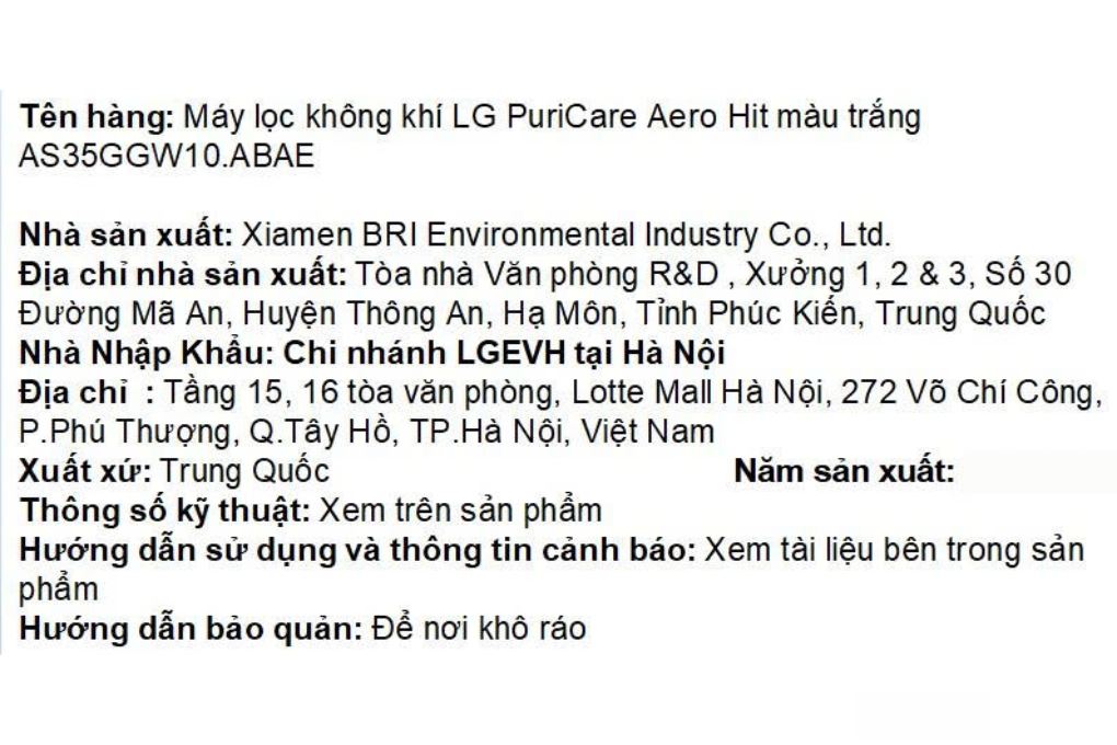 Máy lọc không khí LG PuriCare Aero Hit AS35GGW10.ABAE 35W Màu Trắng