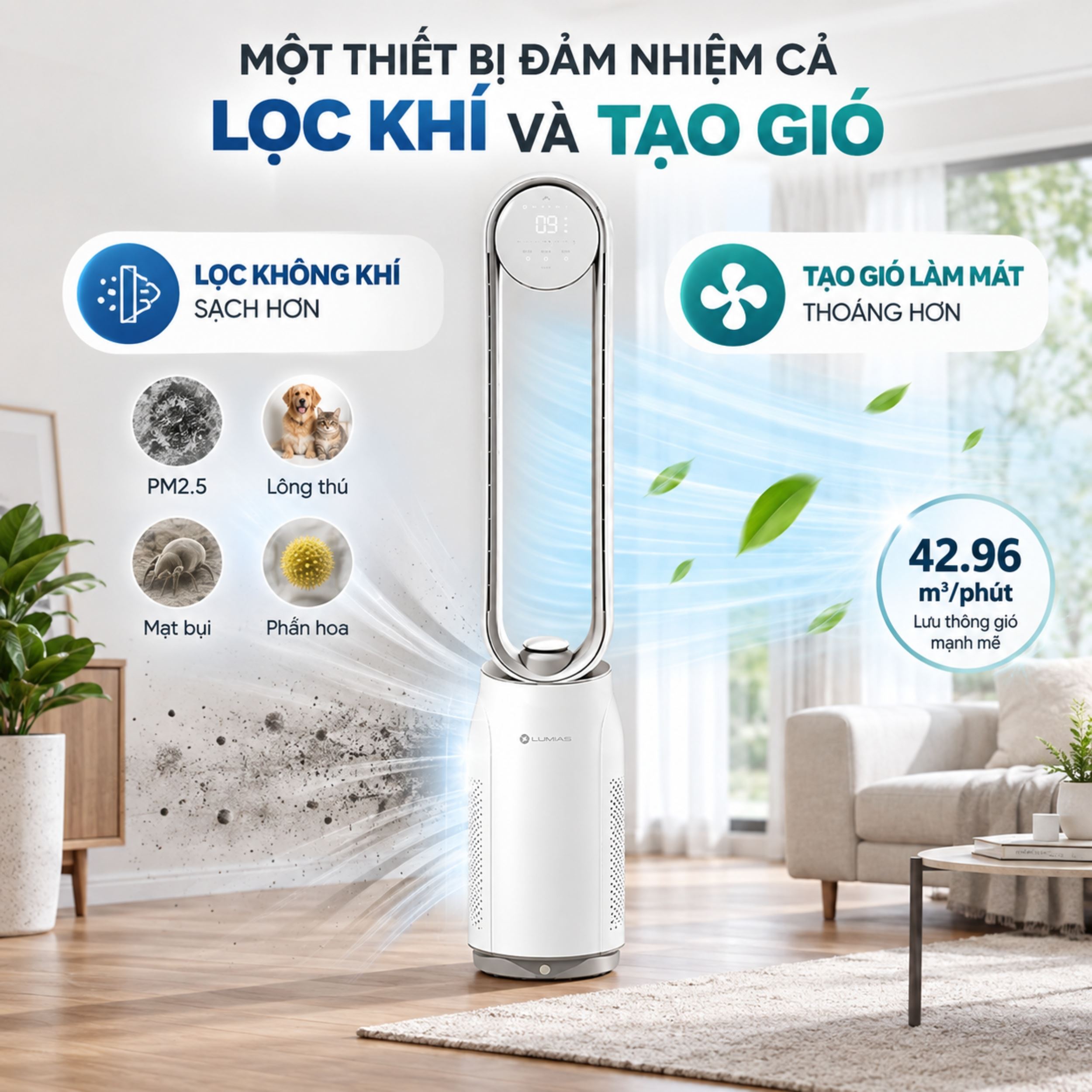Máy lọc không khí kết hợp quạt không cánh Lumias T08 Plus Màu Trắng