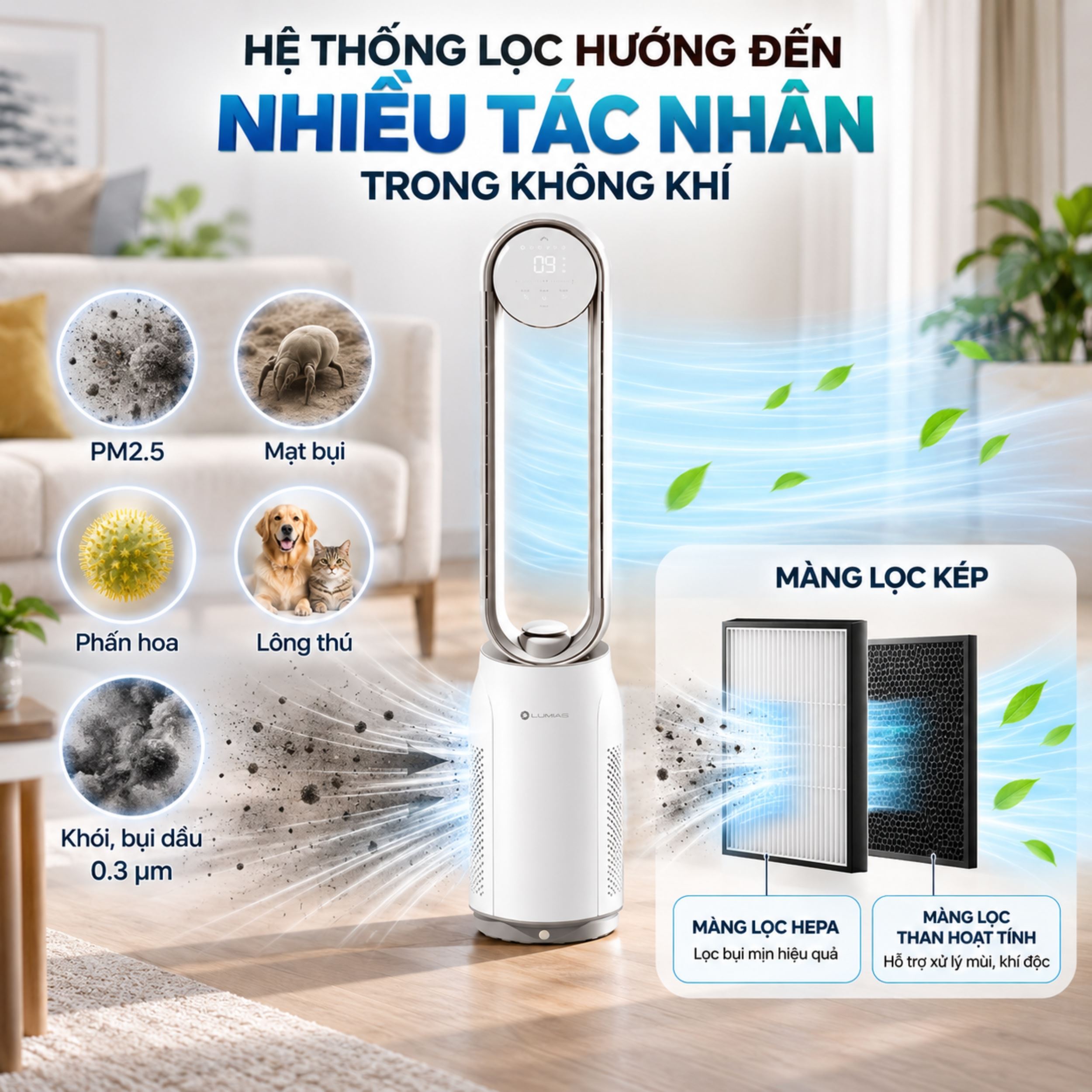 Máy lọc không khí kết hợp quạt không cánh Lumias T08 Plus Màu Trắng