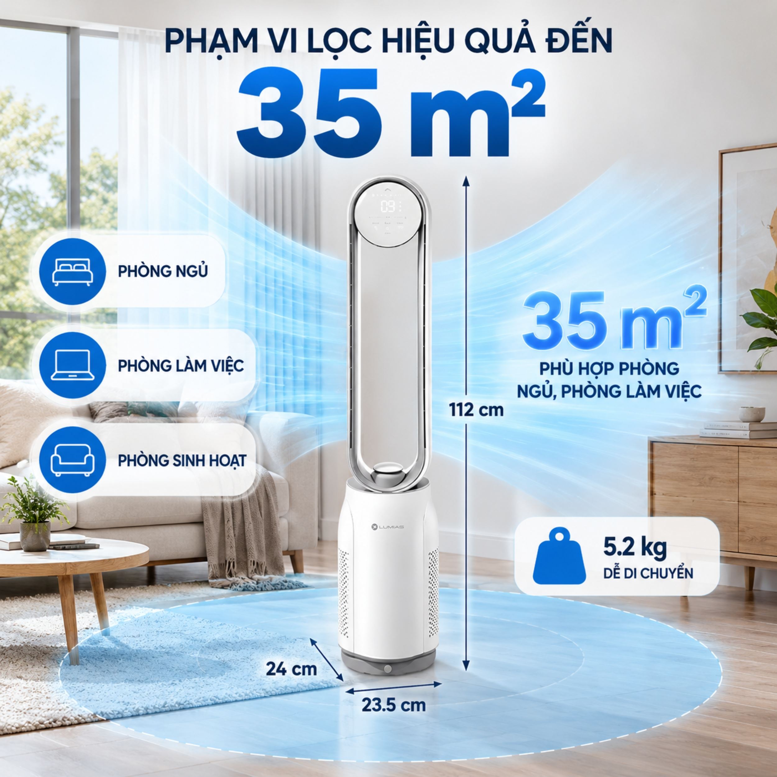 Máy lọc không khí kết hợp quạt không cánh Lumias T08 Plus Màu Trắng