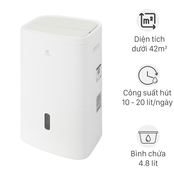Máy hút ẩm Electrolux EDH10TRBW1, 20 lít/ngày, màu trắng, diện tích sử dụng 42 m²