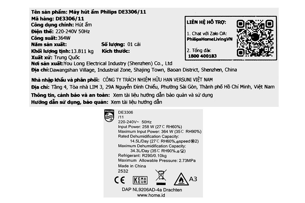 Máy hút ẩm Philips DE3306/11 Màu Trắng - Xám