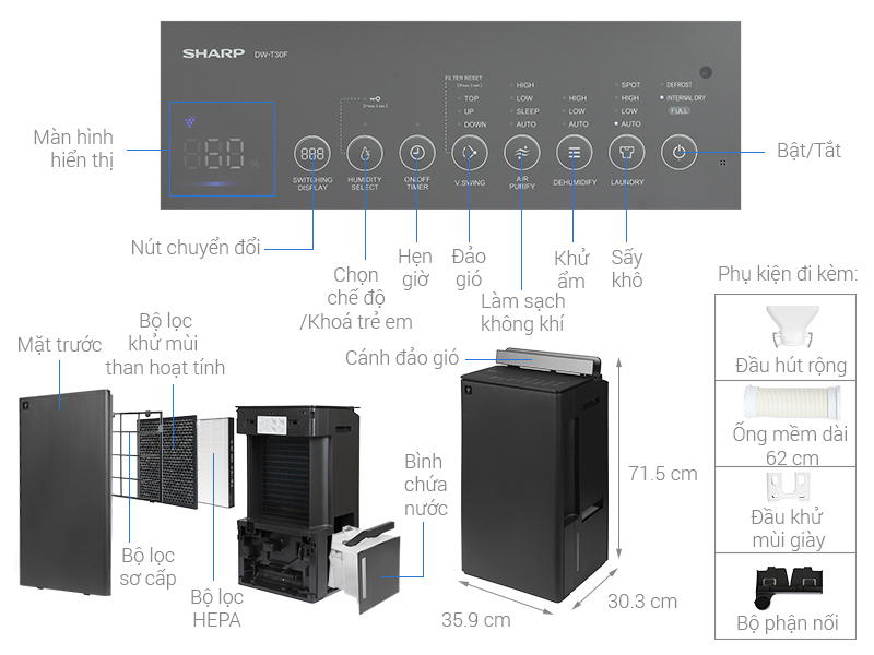 Máy hút ẩm Sharp DW-T30FV-H