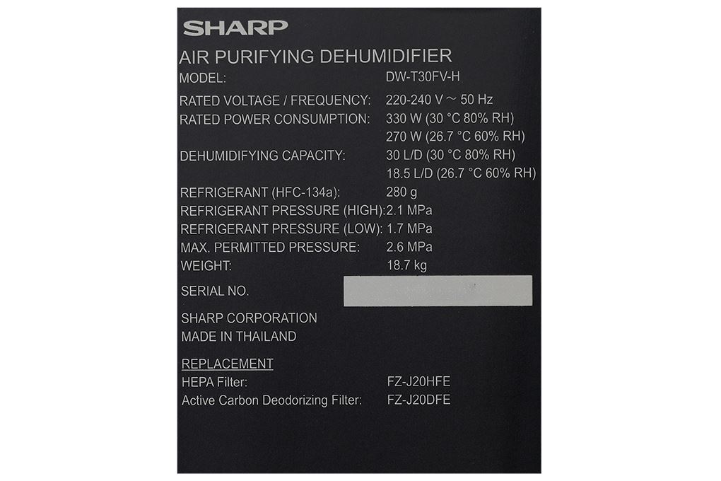 Máy hút ẩm kết hợp lọc không khí Sharp DW-T30FV-H Màu Đen
