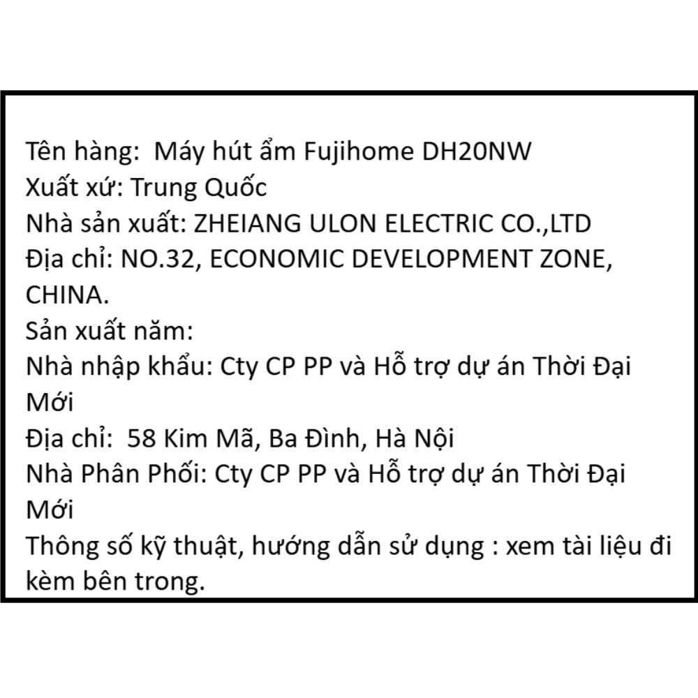 Máy hút ẩm FUJIHOME DH20NW Màu Trắng