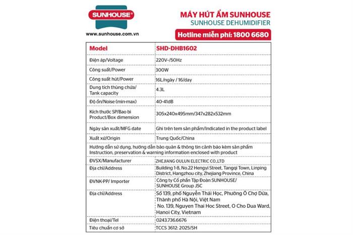 Máy hút ẩm Sunhouse SHD-DHB1602 Màu Trắng