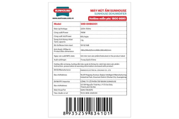Máy hút ẩm Sunhouse SHD-DHB6001 Màu Trắng
