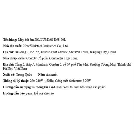 Máy hút ẩm LUMIAS D6S-20L Màu Trắng