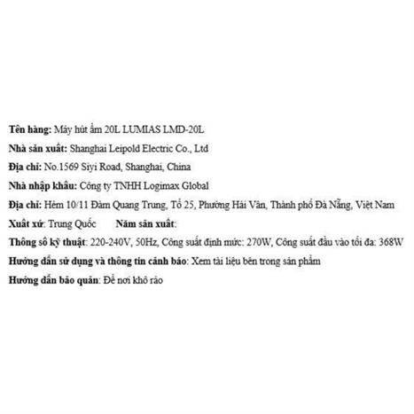 Máy hút ẩm LUMIAS LMD-20L Màu Trắng
