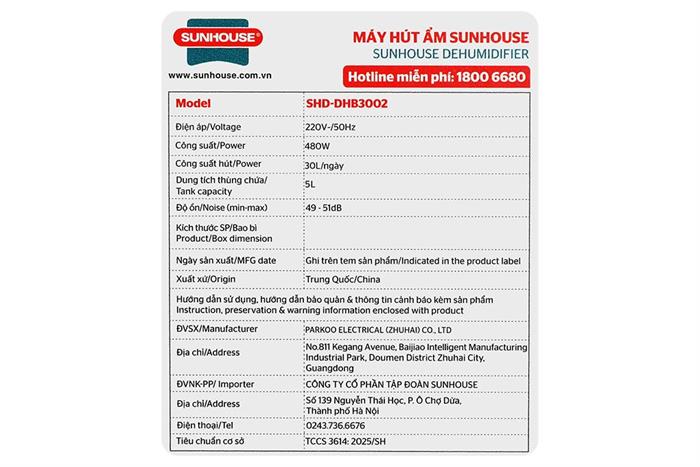 Máy hút ẩm Sunhouse SHD-DHB3002 Màu Trắng