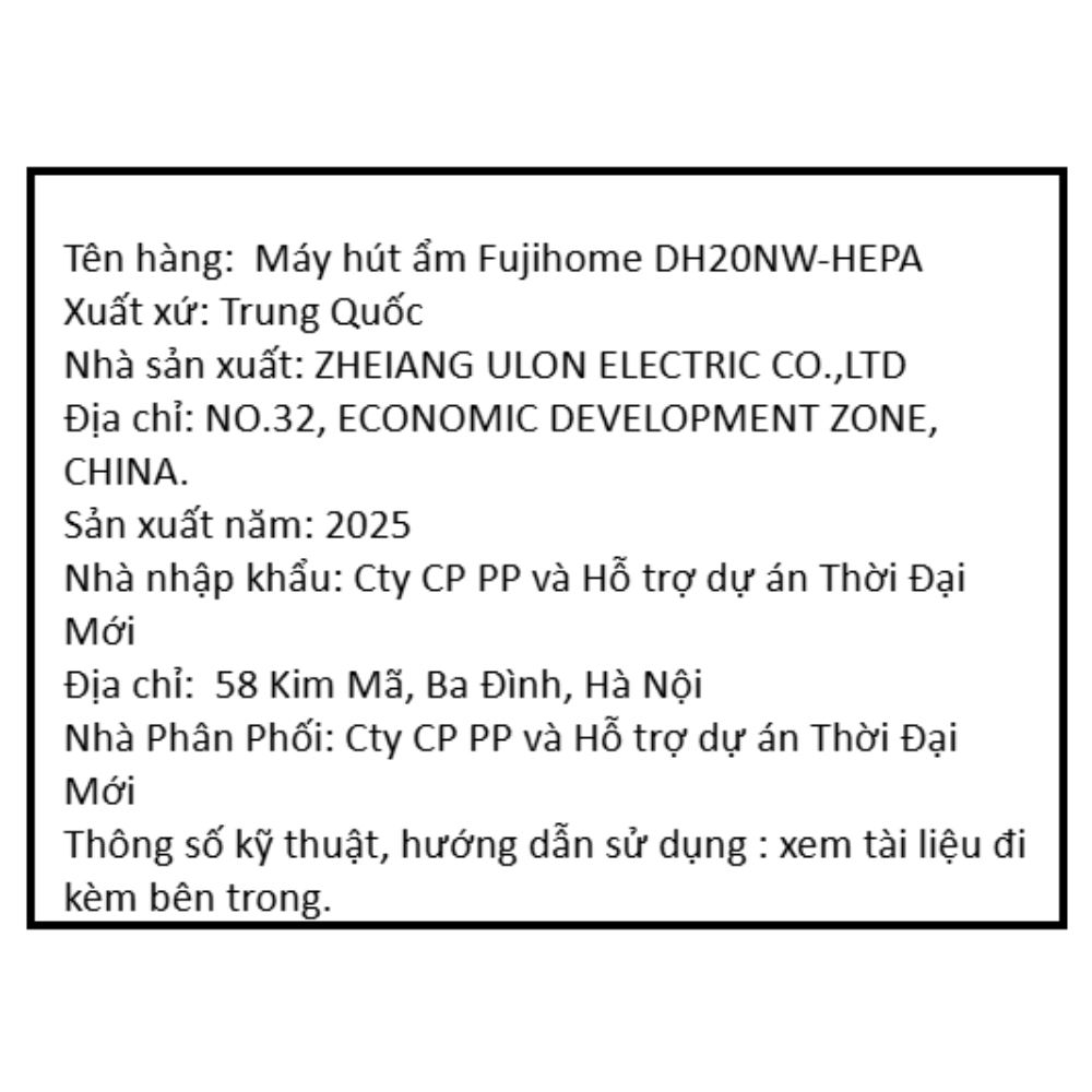 Máy hút ẩm FUJIHOME DH20NW-HEPA Màu Trắng