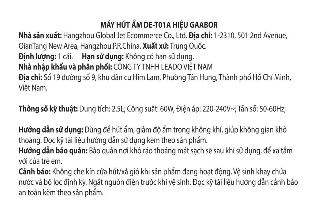 Máy hút ẩm Gaabor DE-T01A Màu Trắng