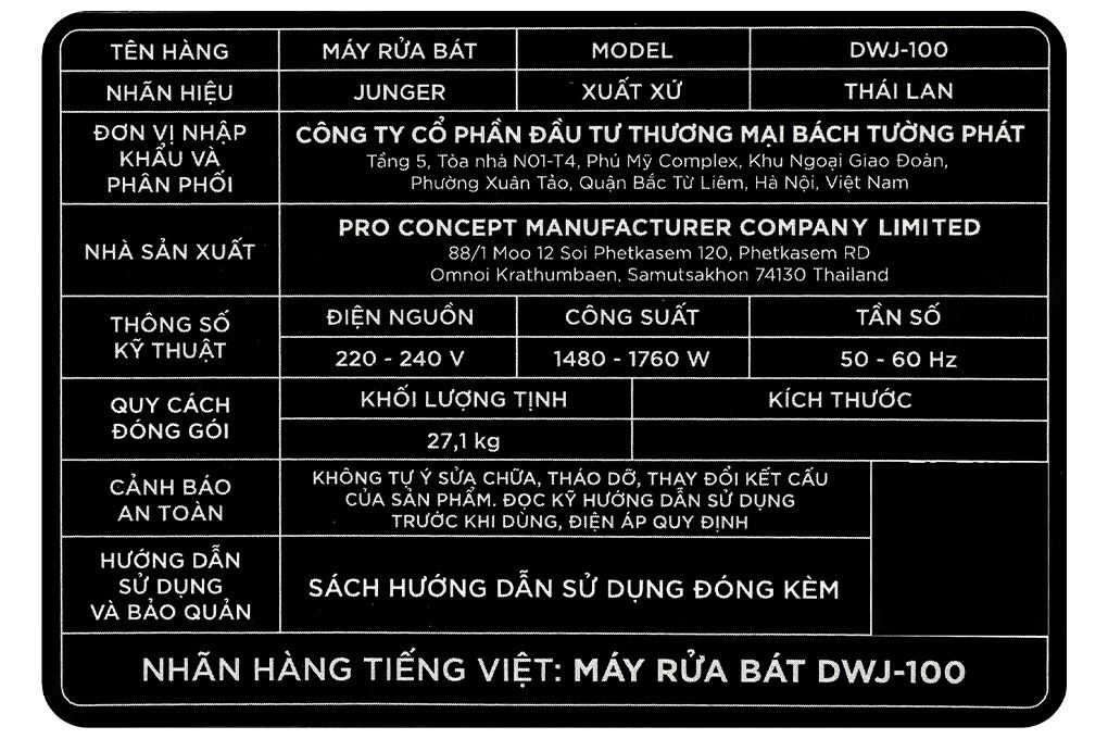 Máy rửa chén độc lập Junger Leopard DWJ-100 Màu Inox