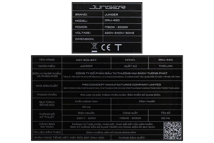 Máy rửa chén độc lập Junger DWJ-450 Màu Bạc Inox