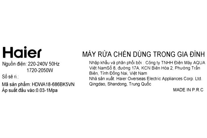 Máy rửa chén độc lập Haier HDWA18-686BK5VN Màu Đen