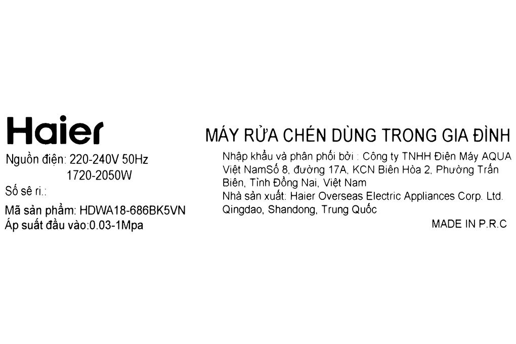 Máy rửa chén độc lập Haier HDWA18-686BK5VN Màu Đen