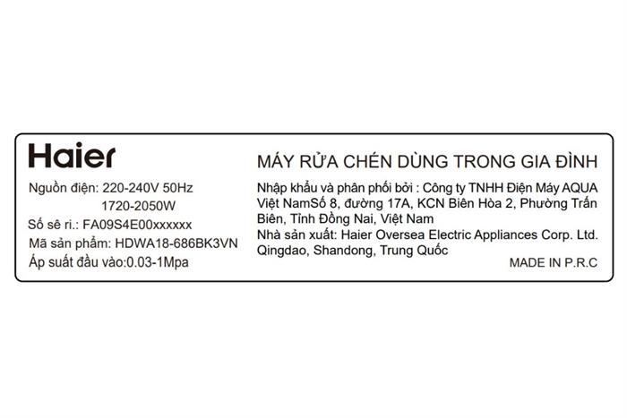 Máy rửa chén độc lập Haier HDWA18-686BK3VN Màu Đen