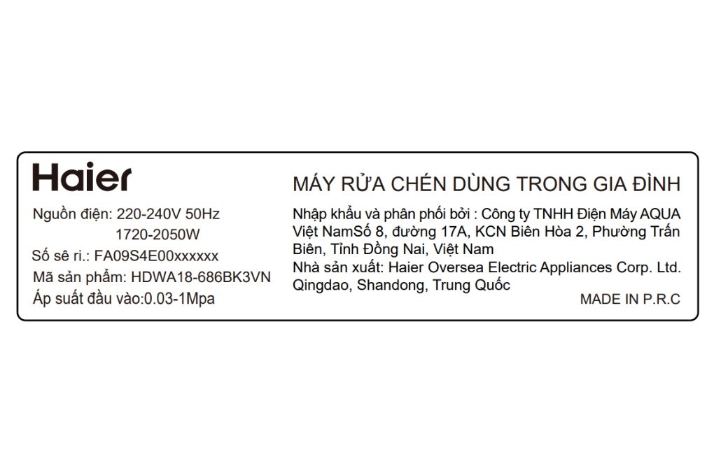 Máy rửa chén độc lập Haier HDWA18-686BK3VN Màu Đen