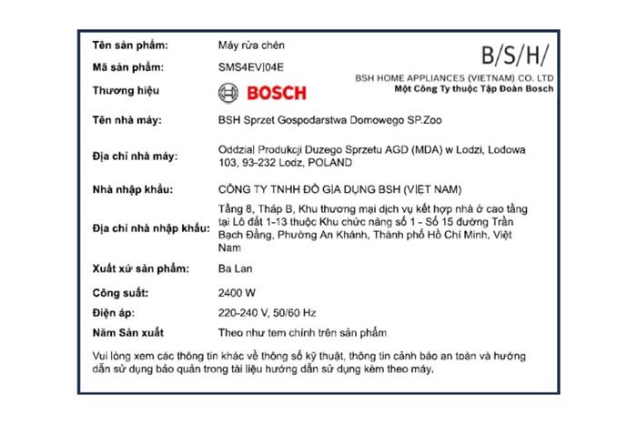 Máy rửa chén độc lập Bosch SMS4EVI04E Màu Inox