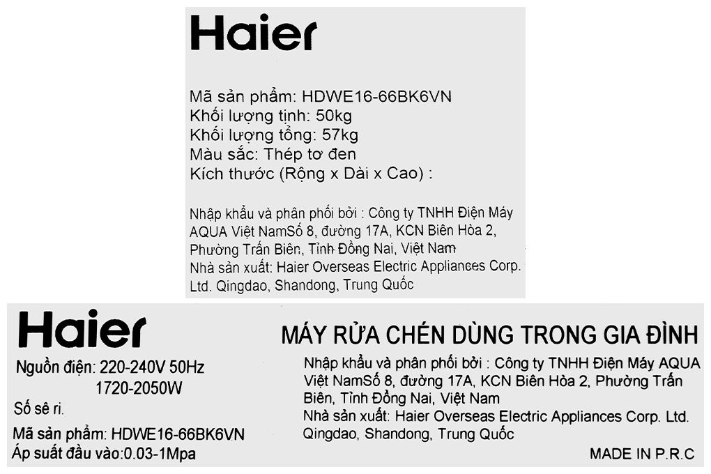 Máy rửa chén độc lập Haier HDWE16-66BK6VN Màu Đen