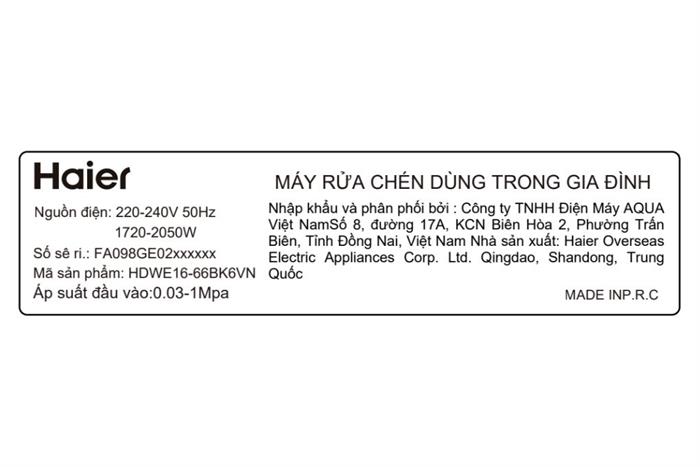 Máy rửa chén độc lập Haier HDWE16-66BK6VN Màu Đen