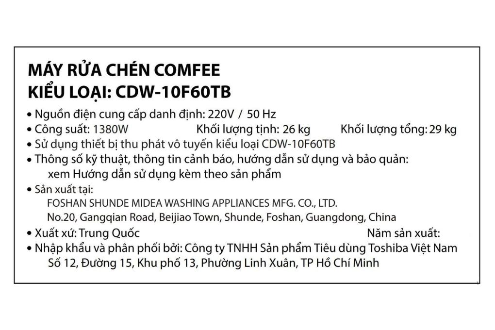 Máy rửa chén độc lập Comfee CDW-10F60TB Màu Đen