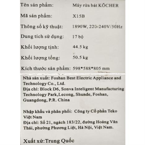 Máy rửa chén độc lập Kocher X15B Màu Đen