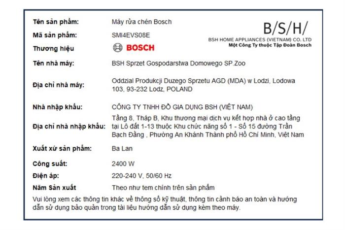 Máy rửa chén âm tủ Bosch SMI4EVS08E Màu Inox
