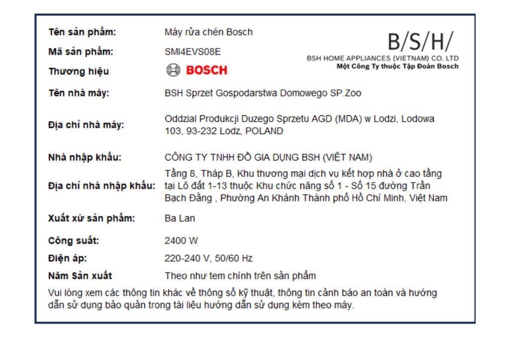 Máy rửa chén âm tủ Bosch SMI4EVS08E Màu Inox