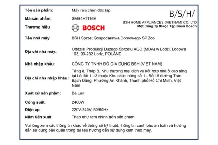 Máy rửa chén độc lập Bosch SMS4HTI16E Màu Inox